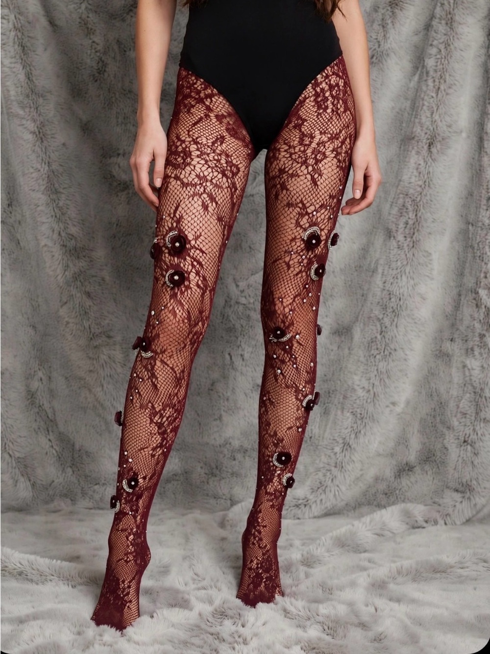Embellished Burgundy Lace Tights - Women Accessories